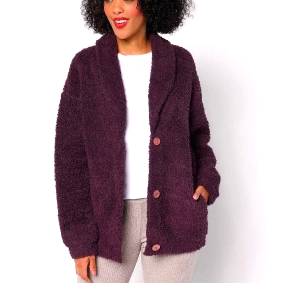 🏷️Barefoot Dreams CozyChic Shearling Button Front Jacket In Black Currant 3X - Picture 1 of 1